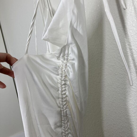 LEAU Dress Womens Small White Satin Cowl Neck Ruched Drawstring Slip Tie Straps - Picture 16 of 16